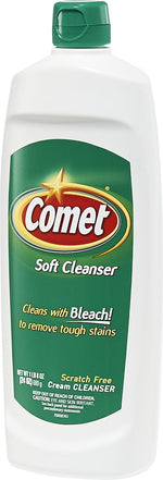 White Comet Soft Cleanser bottle with green label and cap, angled front view showing logo and product claims