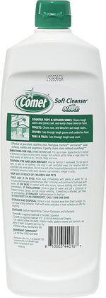 Rear view of a white Comet Soft Cleanser bottle with green cap showing product information, instructions and barcode