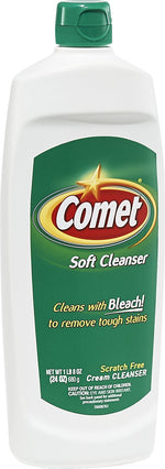 Tall white plastic bottle of Comet Soft Cleanser with green label and cap, front view showing logo and bleach claim