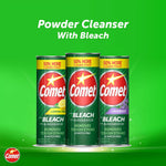 Three Comet powder cans on a green background with headline 'Powder Cleanser With Bleach' and brand logo.