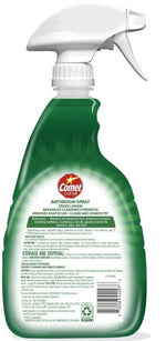 Rear view of a Comet Ultra Bathroom Spray bottle showing product information, storage and disposal text and barcode