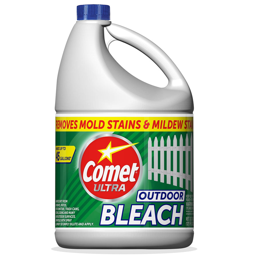 Front-facing jug of Comet Ultra Outdoor Bleach with green label and blue cap