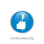 Blue circular icon showing a hand holding a toothbrush with the caption ‘Comfortable Grip’ underneath