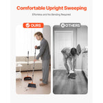 Comparison graphic showing a person using the upright broom and dustpan set on the left and a bent-over user in black and white on the right.