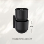 Illustration of black Command Décor wall planter with removable insert showing 4 in diameter and 4 in height dimensions