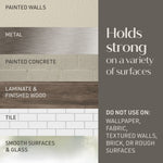 Surface compatibility graphic showing metal, painted concrete, laminate, tile and glass with ‘Holds strong on a variety of surfaces’ copy