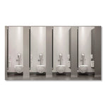 row of commercial restroom stalls with wall-mounted toilets and sanitary receptacle bins