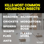Graphic listing common household insects against a blurred kitchen floor with bold header “KILLS MOST COMMON HOUSEHOLD INSECTS.”