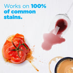 Stain removal graphic with tomato, spilled drink, and coffee ring plus text claiming it works on common stains