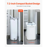 Comparison graphic showing a compact 7.2-inch white mop bucket stored in a narrow space beside a larger alternative