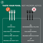 Split infographic comparing white compostable forks to black plastic forks listing compostable benefits like made from PLA and chemical-free.