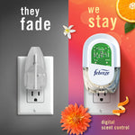 Split image showing a faded generic plug on left and a Febreze digital scent control plug on right with flower and orange accents
