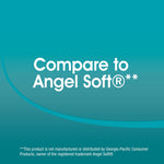 Graphic panel with text 'Compare to Angel Soft®' on a teal gradient background, small legal disclaimer at bottom.
