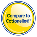 Round yellow badge graphic reading 'Compare to Cottonelle®' on white background