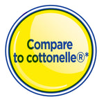 Round yellow badge graphic reading "Compare to cottonelle®" on a white background.