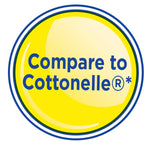 Round yellow badge graphic stating 'Compare to Cottonelle' on a white background used as a product comparison callout