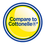 Round yellow and blue badge graphic reading 'Compare to Cottonelle(R)*' on white background