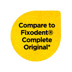 Yellow circular label reading Compare to Fixodent Complete Original on white background