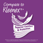 Purple graphic reading 'Compare to Kleenex' with stylized feathers and a banner stating 'Superior Comfort & Protection'