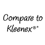 Black handwritten-style text on white background reading “Compare to Kleenex®*” used as a comparison graphic