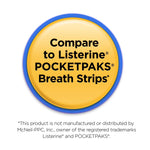Round yellow badge graphic reading 'Compare to Listerine POCKETPAKS Breath Strips' with small disclaimer text below.