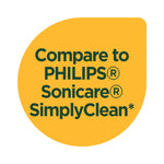 Yellow badge graphic reading ‘Compare to PHILIPS® Sonicare® SimplyClean*’ on a white background