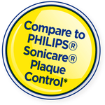 Yellow circular badge graphic reading ‘Compare to PHILIPS Sonicare Plaque Control’ on white background
