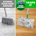 Split comparison image showing a broom pushing hair on one side and a Swiffer Hair Magnet cloth trapping hair on the other