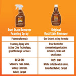 Comparison chart contrasting foaming spray bottle and original pour bottle for rust removal