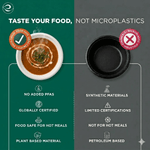 Split graphic comparing a white compostable bowl (food-safe) to a black synthetic bowl with icons about PFAS and materials