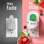 Split graphic showing a faded generic plug on the left and a Febreze plug-in on the right with berries and text 'they fade / we stay' promoting scent control