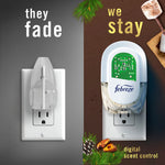 Split graphic comparing a faded competitor refill to a Febreze plug-in unit with digital scent control on a brown background