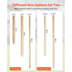 Graphic comparing flat and square wooden stake shapes and labeled height and width dimensions for different sizes