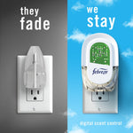 Split-panel graphic comparing a generic plug on gray side with a Febreze plug on blue side and digital scent control text