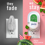 Split graphic comparing a fading competitor plug on gray with a Febreze plug on pink and watermelon imagery.