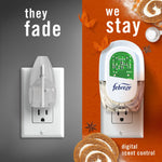 Split image showing older plug on left and Febreze digital plug on right with text 'they fade we stay' and pumpkin roll accents