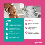 Comparison infographic with smiling caregiver using an orange silicone tool on a baby under 'ours' and a black-and-white image under 'others' with feature bullets.