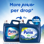 Graphic showing old and new Purex bottles with arrow and claim 'More power per drop' plus a 'More loads' badge