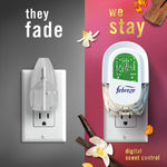 Comparison-style graphic showing an old plug-in fading and a Febreze digital scent-control device