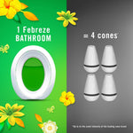 Split graphic comparing one Febreze Bathroom oval device on green background to four cone-style air fresheners on gray, claiming equivalence.