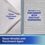Side-by-side comparison of generic parchment and Reynolds Kitchens parchment showing SmartGrid pattern and text about Stay FLAT dispensing