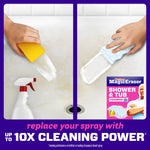 Split image comparing a spray sponge vs Mr. Clean Magic Eraser cleaning a tub, with advert text about cleaning power