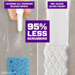Split-panel comparison showing a spray on one side and a foamy Mr. Clean eraser texture on the other with '95% less scrubbing' text