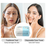 Side-by-side comparison graphic showing upset woman and smiling woman with packaged disposable face towel inset