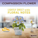 Graphic panel reading ‘Compassion Flower’ with potted flowers and text ‘Lightly sweet with floral notes’