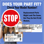 Blue compatibility graphic with large red STOP sign, text urging shoppers to check model numbers, and sample appliance model/serial label images.