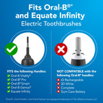 Compatibility graphic showing which Oral-B and Equate Infinity electric toothbrush handles are compatible and which are not