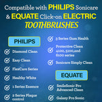 Compatibility infographic listing Philips Sonicare and Equate click-on electric toothbrush series compatible with these replacement heads