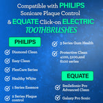 Informational blue graphic listing compatibility with Philips Sonicare series and Equate click-on electric toothbrushes