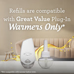 Graphic showing Great Value plug-in warmer and refill bottle with text stating refills are compatible with Great Value plug-in warmers